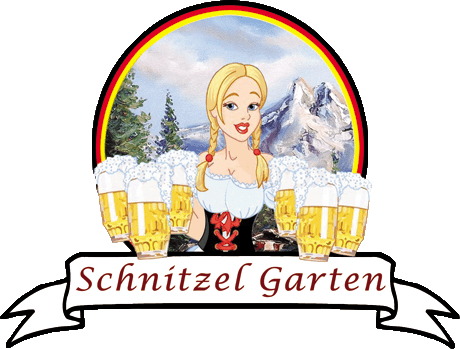 Illustration of a smiling blonde woman in traditional dress, serving beer, with mountains in the background and "schnitzel garten" text banner.