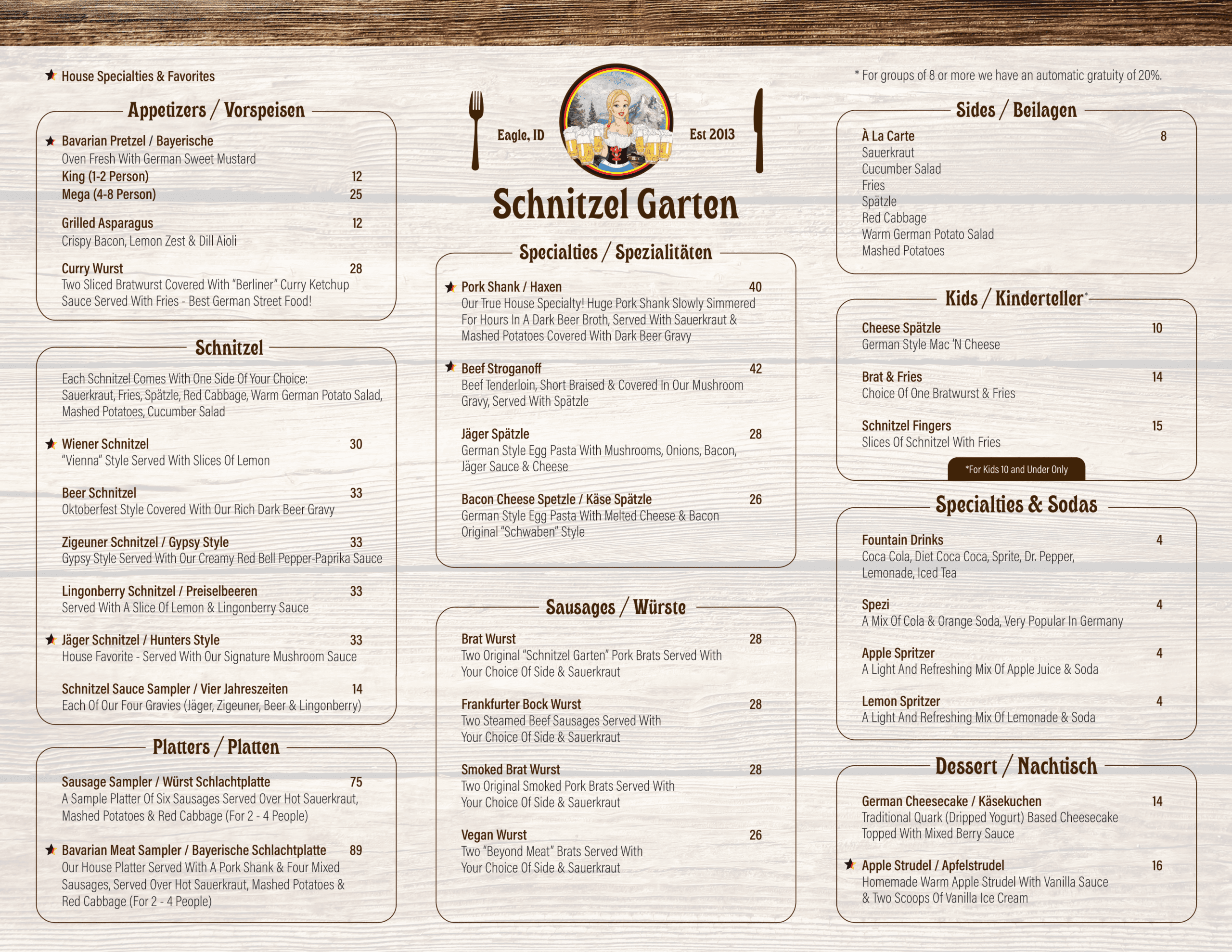 Menu for Schnitzel Garten with sections for appetizers, schnitzel, sausages, platters, sides, kids' meals, specials, and desserts. Pricing and descriptions included.